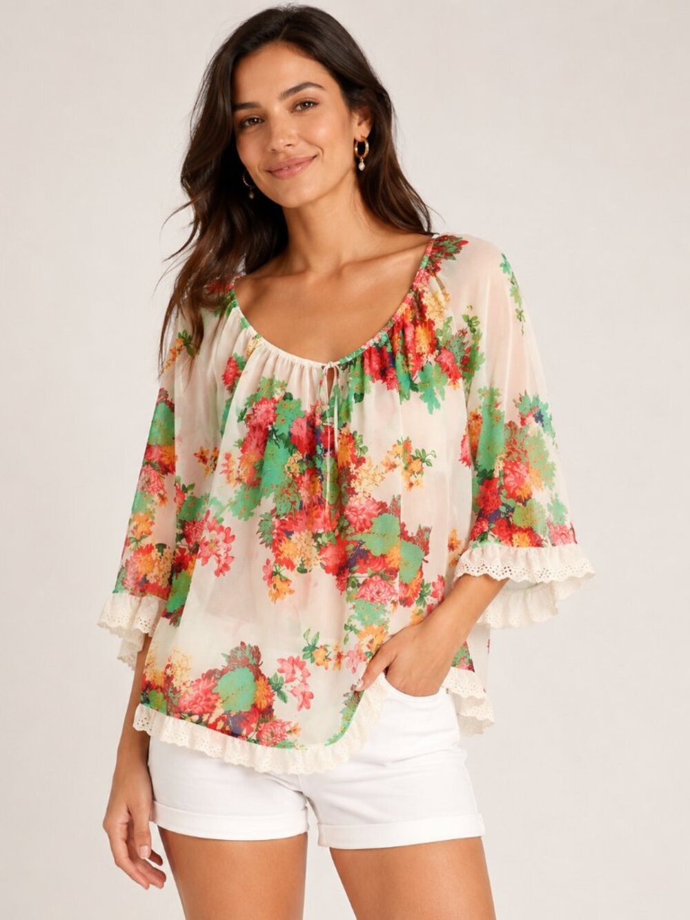 2Tee Couture Floral Chiffon Kimono Sleeve Lace Trim Boho Blouse S